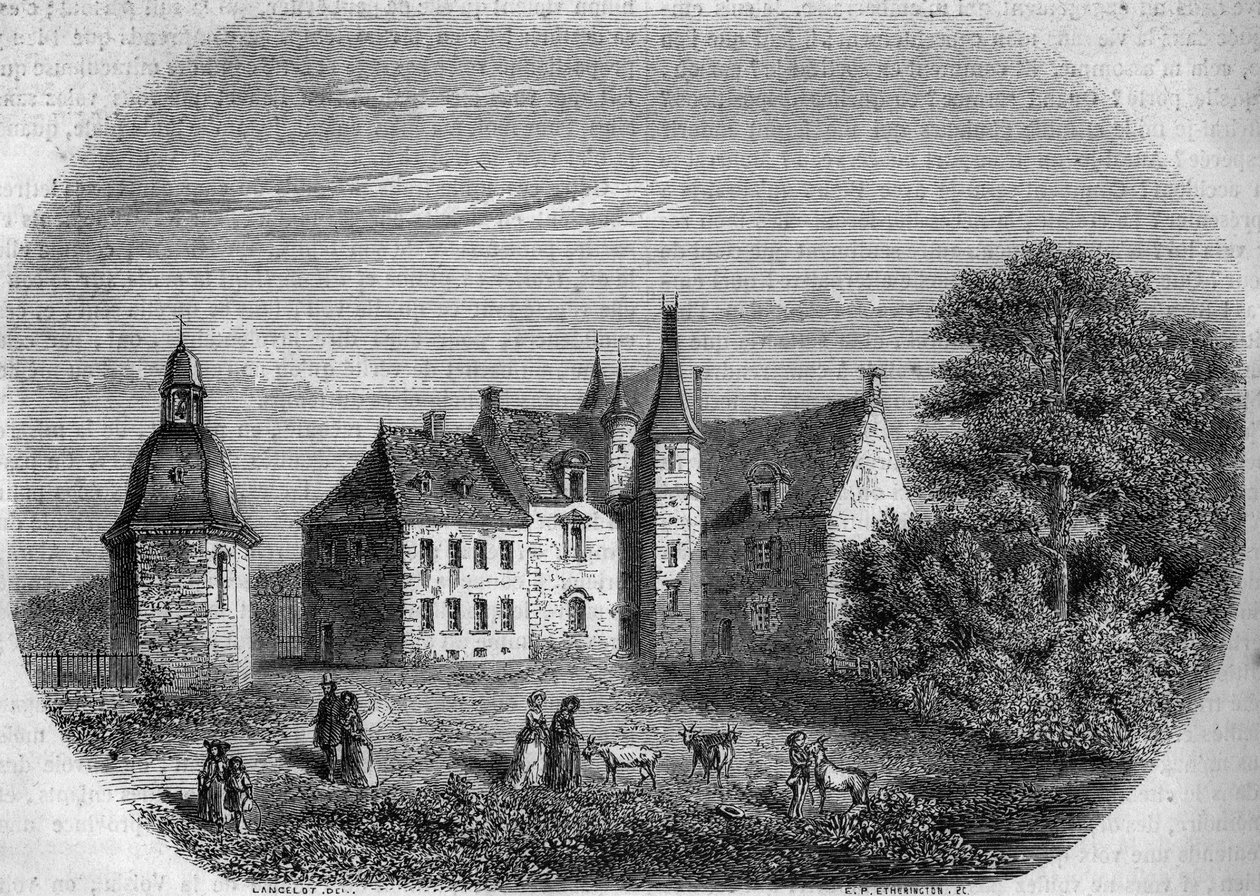 Les Rochers, hjemsted for Madame de Sevigne (Marie de Rabutin-Chantal eller Rabutin Chantal, Marquise de Sevigne dit) (1626-1696). Glas, Island og Vilaine (35). Gravering af Lancelot i ""The Picturesque Store"" af French School