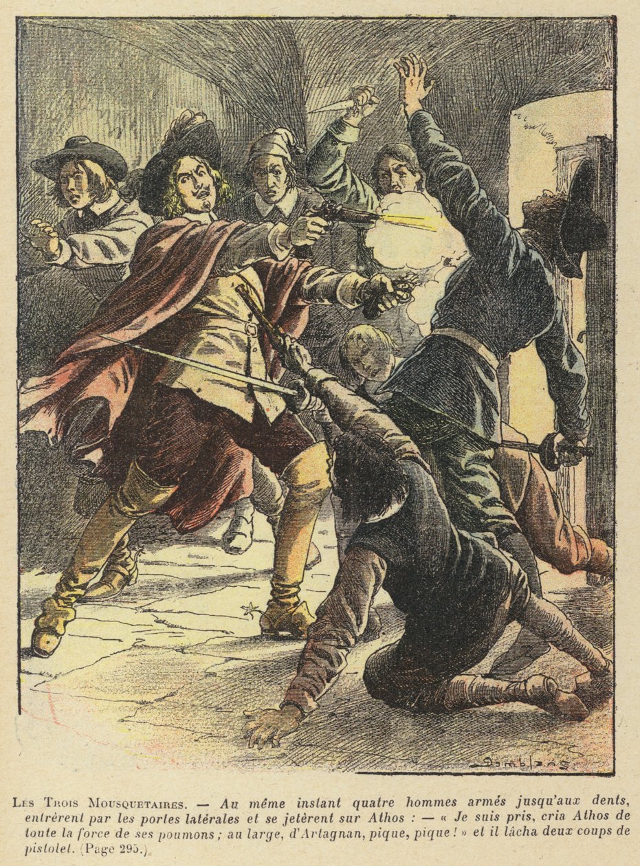 De tre musketerer af Alexandre Dumas (farvelitografi) af French School