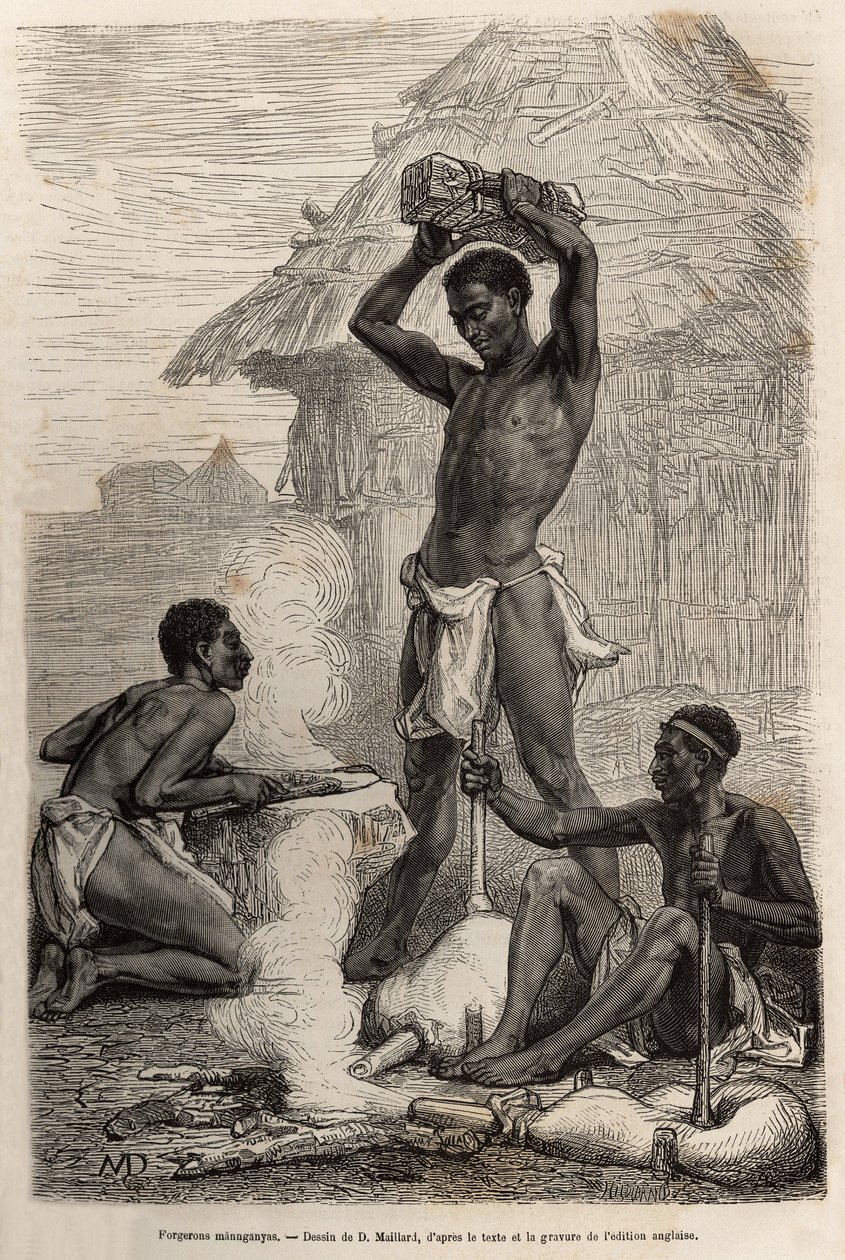 Les blacksmiths mannganyas, i en landsby langs Loualaba-floden (det nuværende Congo-flod), gravering efter en tegning af D.Maillard, der illustrerer David Livingstones sidste dagbog (1813-1873), i 1866-1873, udgivet i "" Le tour du monde”” 1875, redigeret  af French School