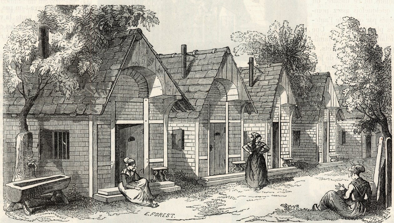 Salpetriere-hytterne til rastløse gale kvinder - Indgravering i "Tableau-de-Paris" af Edmond Texier 1852 af French School
