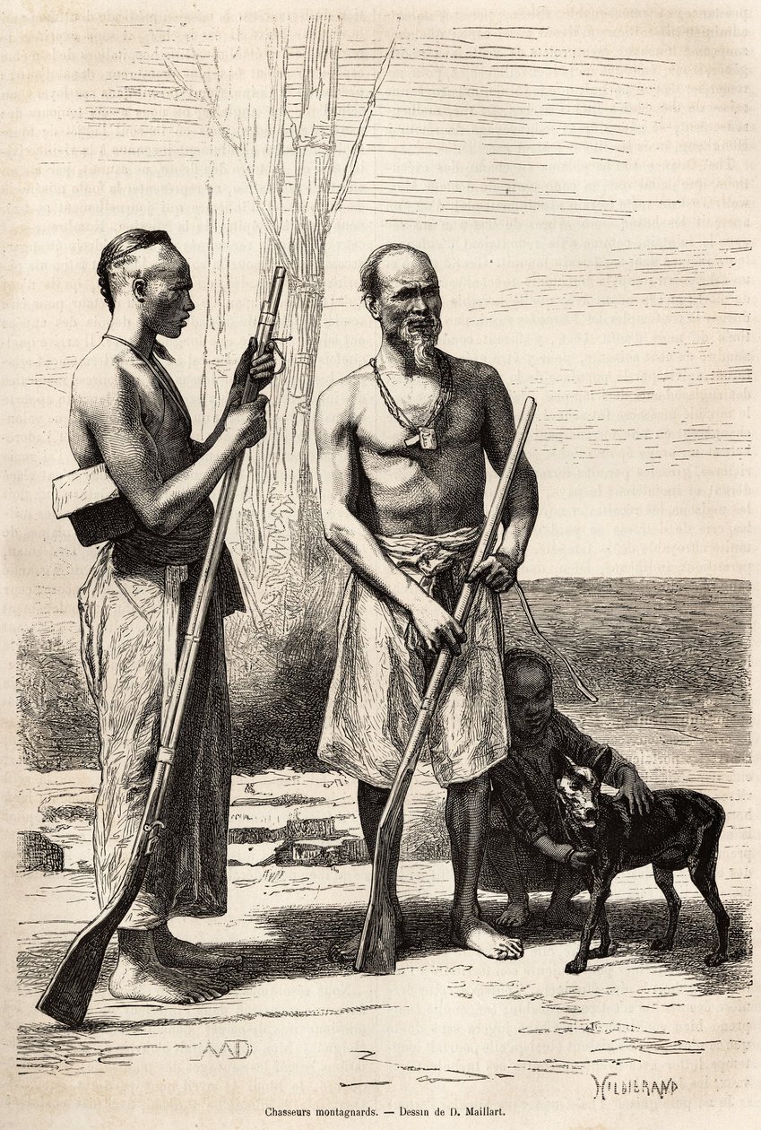 Bjergjægerne på Formosa Island, graverer efter en tegning af D. Maillard, der illustrerer rejsen til Kina, af J. Thompson, i 1870-1872, udgivet i "" Le tour du monde""" 1875, redigeret af Edouard Charton, Hachette udgave, Paris. Selva Collecti af French School