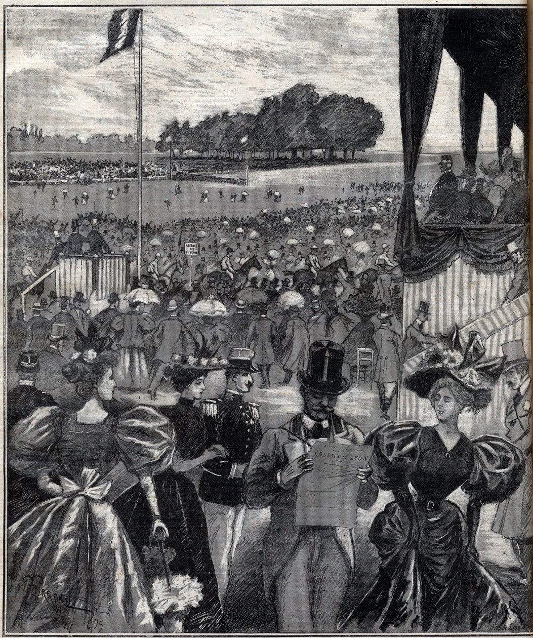 Les courses de lyon (væddeløbsbaner de Lyon) - efter grand prix - indgravering i "Le Progres illustrious"" fra 1895 af French School