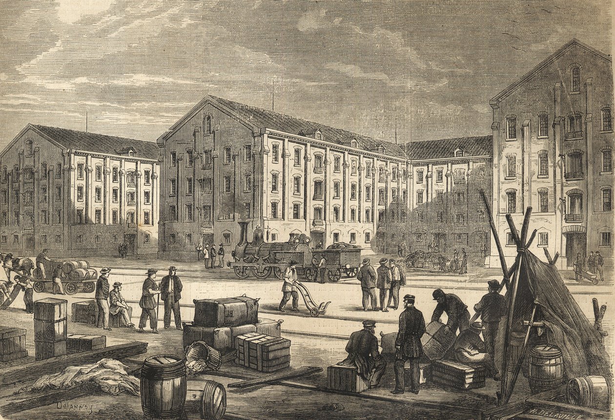 Les docks de Rouen en en en 1866 - Dokken i Rouen i 1866 - gravering af French School