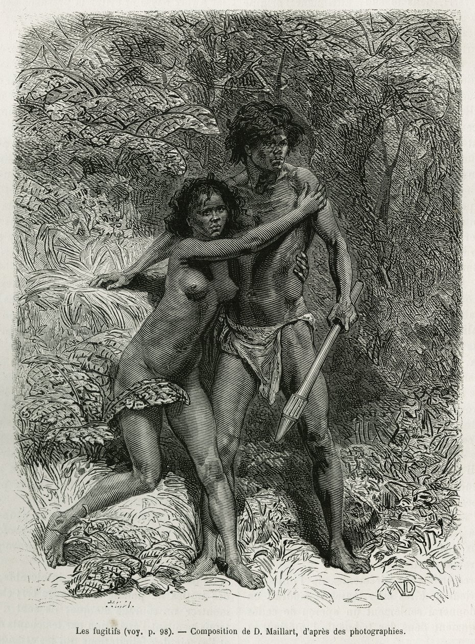 Les fugitives aborigenes, stik efter en tegning af D.Maillart, til at illustrere historien seks måneder i Australien, af Desire Charnay, en missionsopgave fra Ministeriet for Offentlig Uddannelse, i 1878, udgivet i tour du monde, under ledelse af af French School