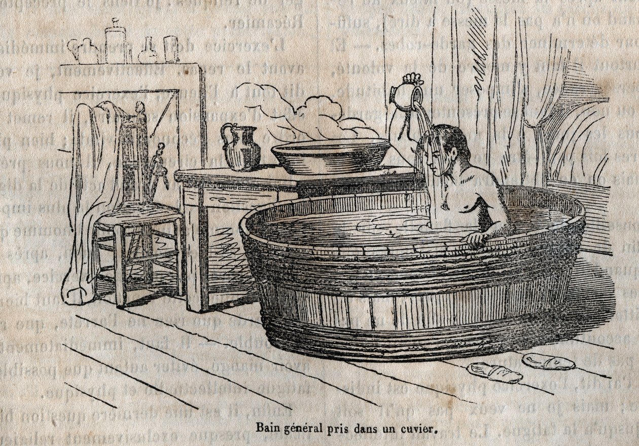 Badebevægelser - Hygiejne i det 19. århundrede - bad i en skål - gravering i "La Sante Universelle - Guide Medical des Familles" 1852 af French School