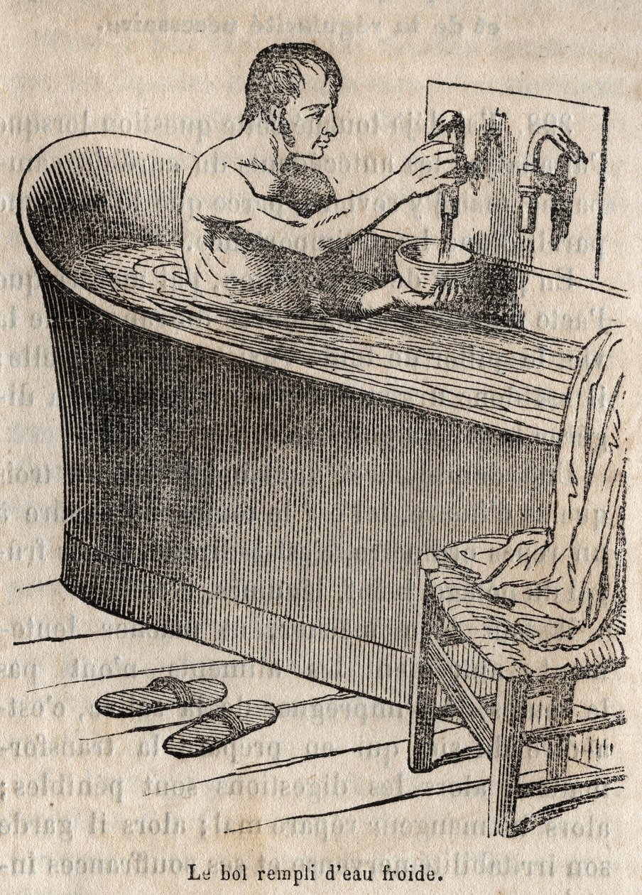 Badebevægelser - Hygiejne i det 19. århundrede - mand i et badekar - gravering i "La Sante Universelle - Guide Medical des Familles" 1852 af French School