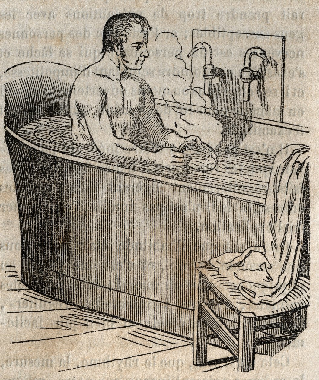 Badebevægelser - Hygiejne i det 19. århundrede - mand i et badekar - indgravering i "La Sante Universelle - Guide Medical des Familles" 1852 af French School