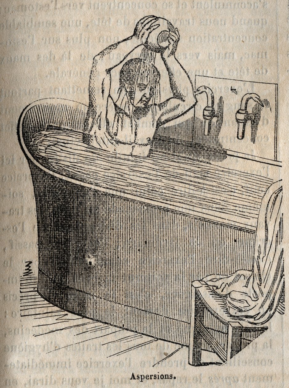 Badebevægelser - Hygiejne i det 19. århundrede - mand i et badekar - gravering i "La Sante Universelle - Guide Medical des Familles" 1852 af French School