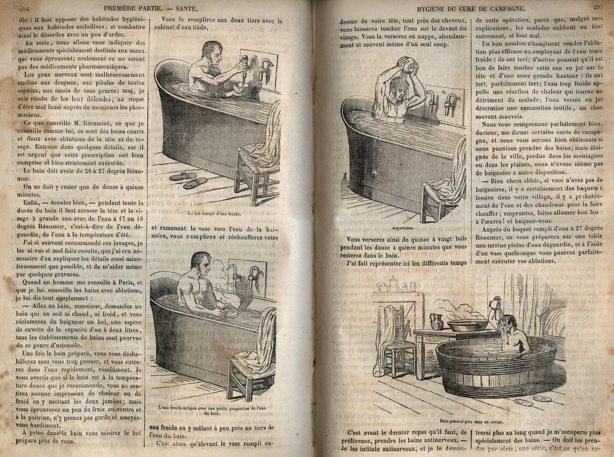 Badebevægelser - Hygiejne i det 19. århundrede - mand i et badekar - indgravering i "La Sante Universelle - Guide Medical des Familles" 1852 af French School