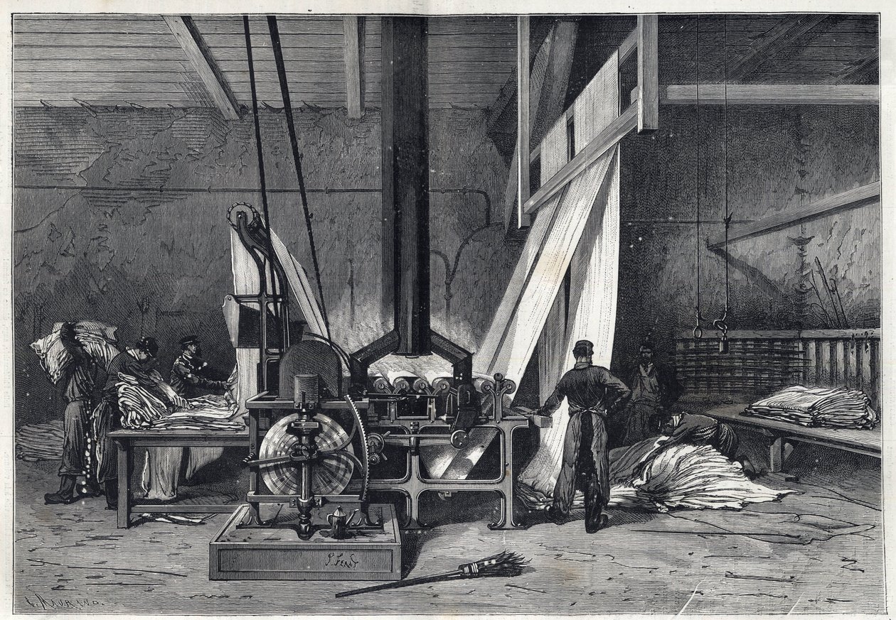 De store fabrikker - Farvning erie Boutarel i Clichy la Garenne - Le mesh des Etoffes - gravering fra 1869 af French School
