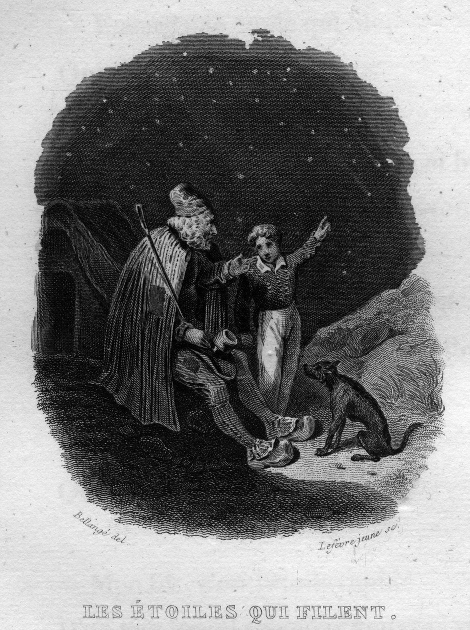 Stjernerne, der spinder Chanson de Beranger i ""Oeuvres completes"" (1834) af Pierre Jean de Beranger (1780-1857), fransk digter og sangskriver. af French School