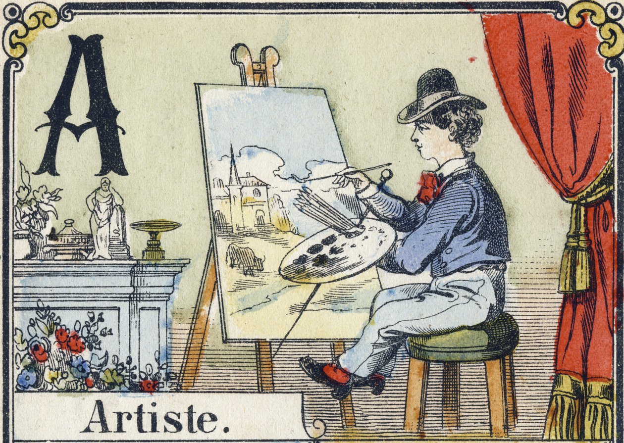 Bogstav A: kunstner. Rekreativt alfabet. Epinal billeddannelse. Stencilerede træstik, ca. 1880. Lille hæfte på 16 sider (205 x 150 mm). Privat samling af French School