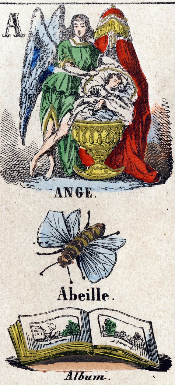 Bogstav A som Angel, Bee og Album. En beskyttende engel nær et barn, der sover i en vugge. Lille encyklopædisk alfabet. Billeddannelse af Epinal, ca. 1860. Træstik, stencileret med forgyldning. Mål: 37,8x50,3cm. Privat samling af French School
