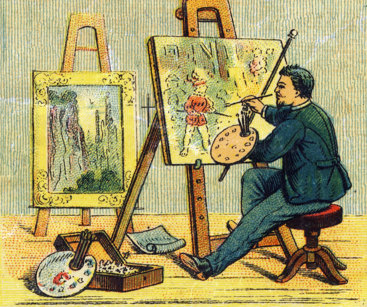 Bogstav A: maler i sit atelier. Indgravering i "ABC indeirable på lakeret lærred". A. Capendu, redaktør, Paris, slutningen af det 19. århundrede. Børneboghandel illustreret. 8 sider. Mål: 21,5 x 18 cm. af French School