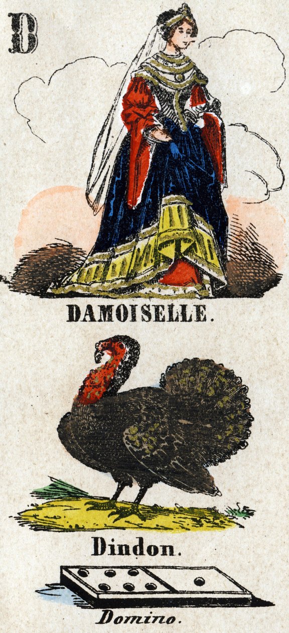 Bogstav D som damoiselle, kalkun og domino. Lille encyklopædisk alfabet. Billeddannelse af Epinal, ca. 1860. Træstik, stencileret med forgyldning. Mål: 37,8x50,3cm. Privat samling af French School