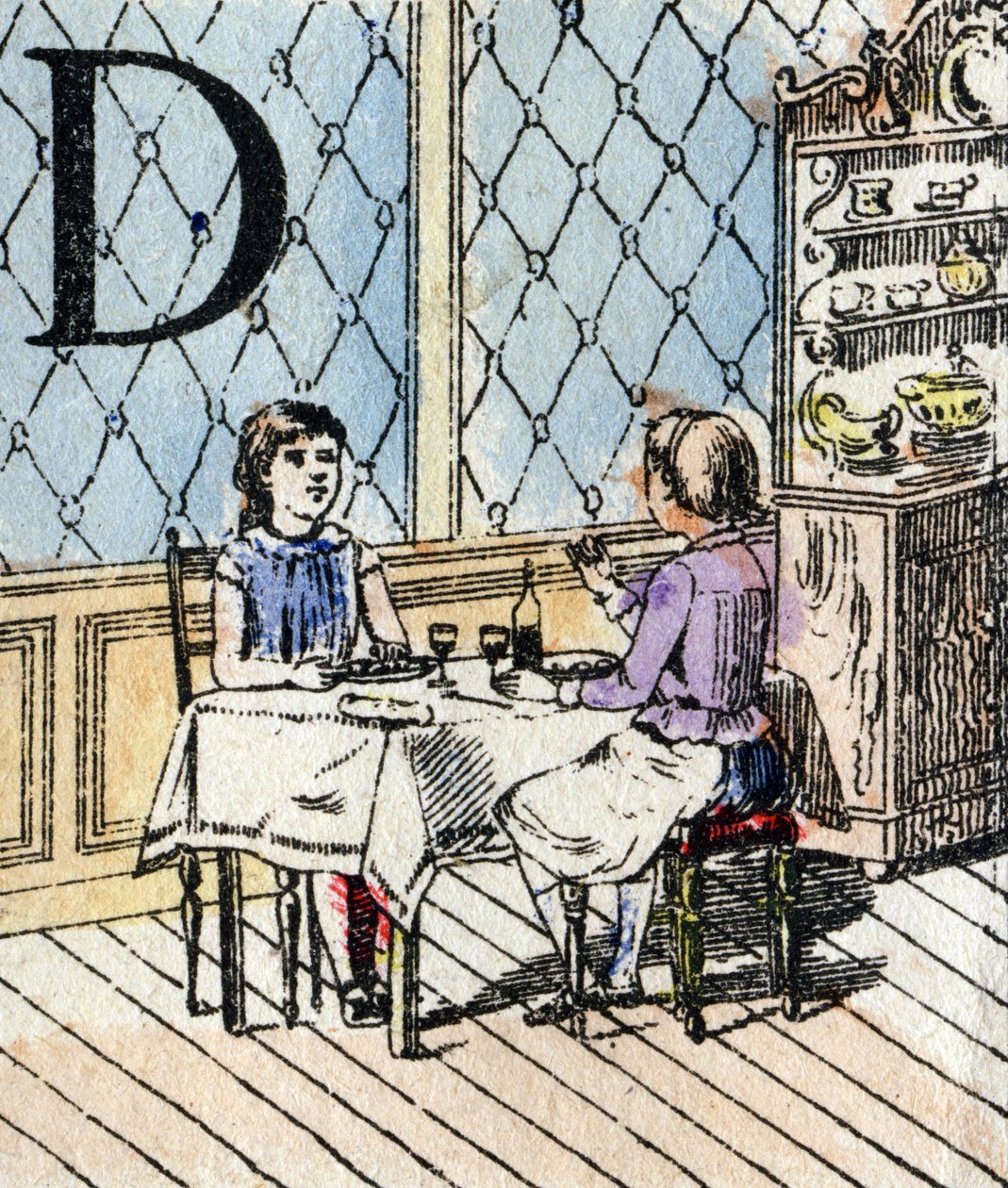 Bogstav D, pige, der leger dinette. ABC af de små piger. Epinal billeddannelse af French School