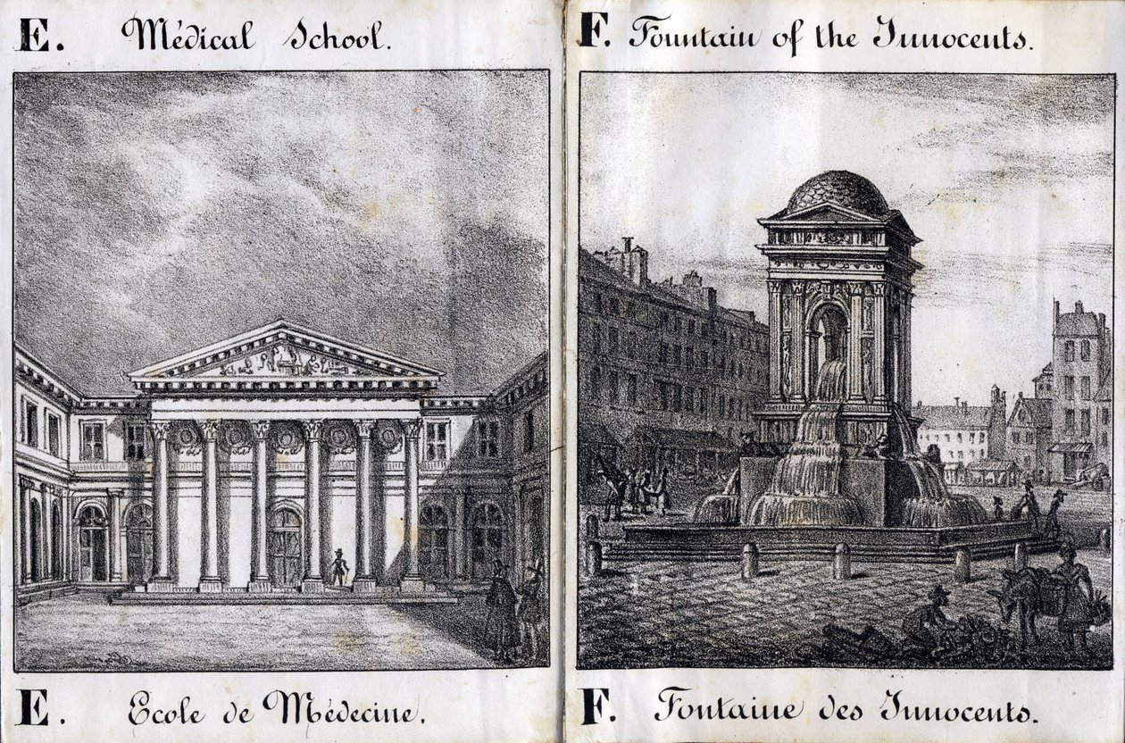 Bogstav E og F: Medicinsk skole og de uskyldiges fontæne - "Alphabet Picturesque des Monumens de Paris" c.1840 (gravering) af French School