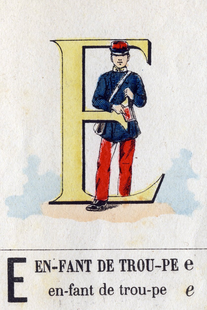 Bogstav E som tropsbarn. Militært alfabet. Billeddannelse af Epinal, omkring 1870-1880. Stencilfarvede træsnit af French School