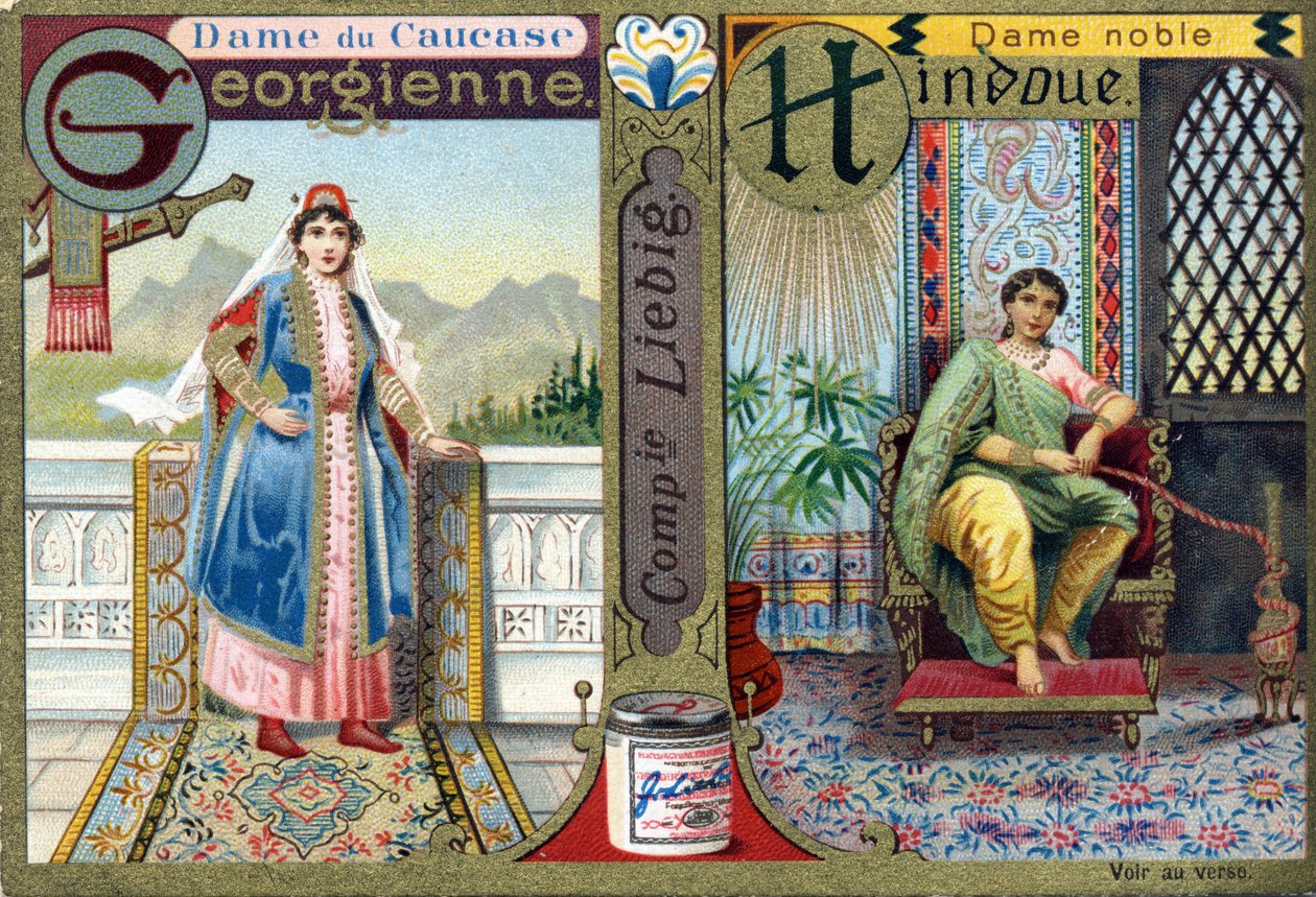 Bogstav G som georgisk Kaukasus-dame og H som hinduistisk ædeldame. Kvinders alfabet. Serie på 12 billeder. Liebig reklame af French School