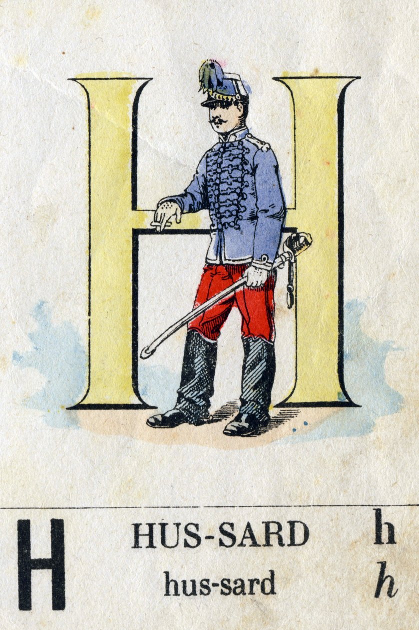 Bogstav H som hussard. Militært alfabet. Billeddannelse af Epinal, omkring 1870-1880. Stencilfarvede træsnit af French School