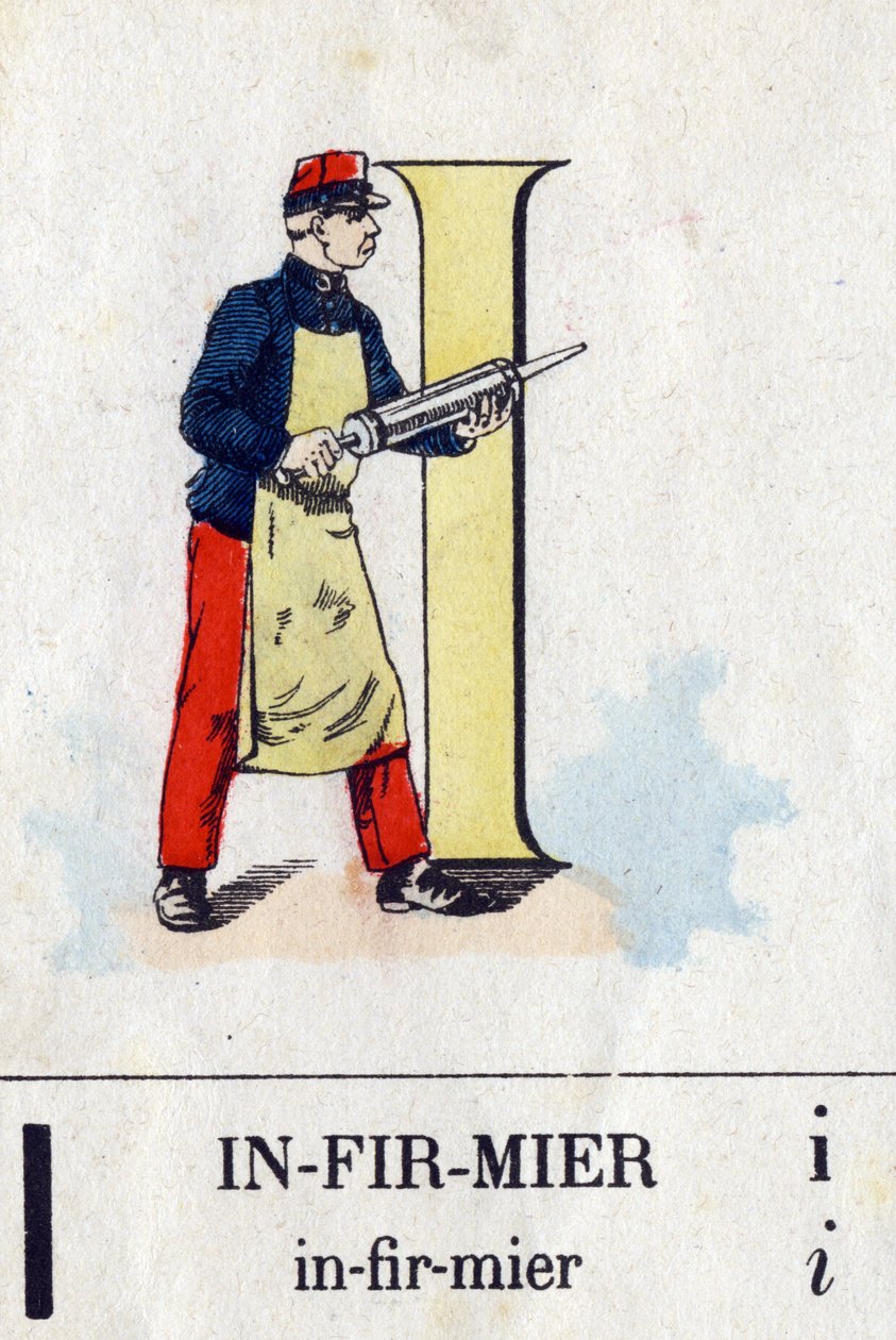 Bogstav I som sygeplejerske. Militært alfabet. Billeddannelse af Epinal, omkring 1870-1880. Stencilfarvede træsnit af French School