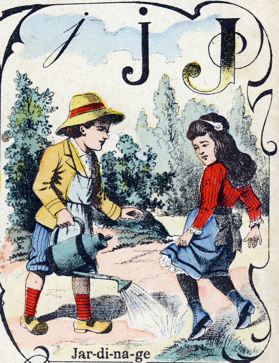 Bogstav J: Havearbejde. Indgravering i "ABC des joux pour petits boys". Billeddannelse af Pont-a-Mousson, Louis Vagne, trykkeri-udgiver, slutningen af det 19. århundrede. Mål: 32,5x25 cm af French School