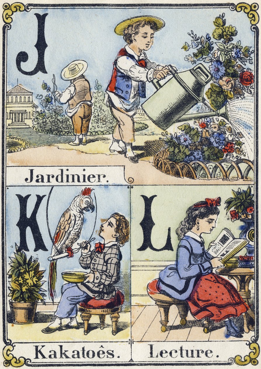 Bogstav J, K og L: gartner, kakatoes og læsning. Rekreativt alfabet. Epinal billeddannelse. Stencilerede træstik, ca. 1880. Lille 16 siders hæfte af French School