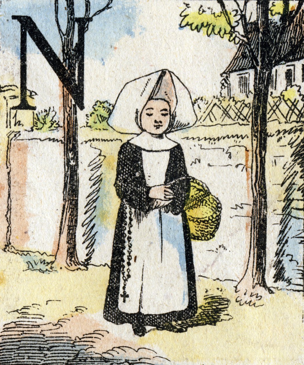 Bogstav M pige som nonne. ABC af de små piger. Epinal billeddannelse af French School