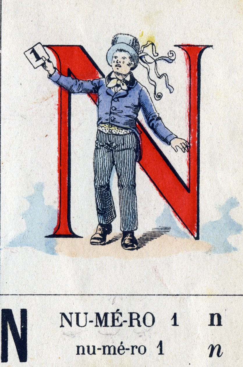 Bogstav N som nummer 1. Militært alfabet . Billeddannelse af Epinal, omkring 1870-1880. Stencilfarvede træsnit af French School