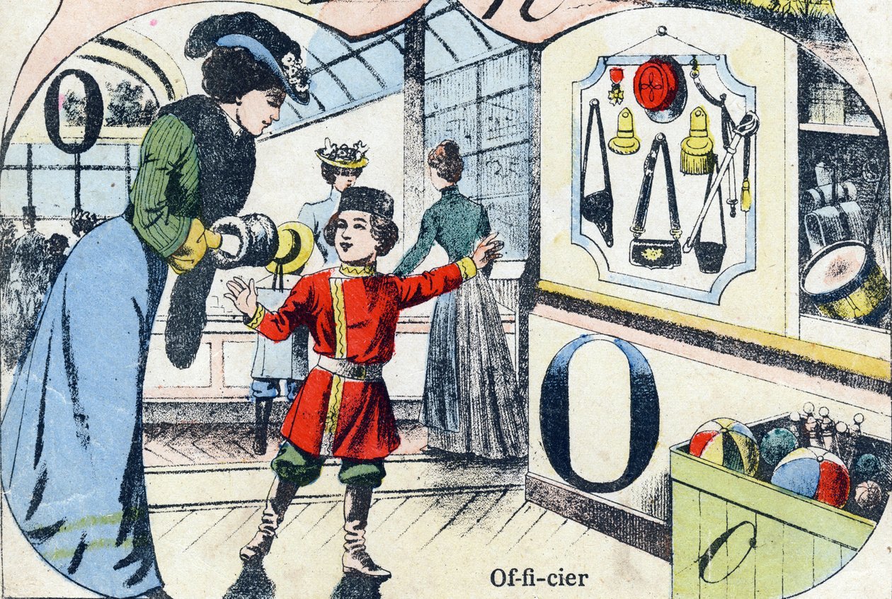 Brev O Officer. Indgravering i "ABC des joux pour petits boys". Billeddannelse af Pont-a-Mousson, Louis Vagne, trykkeri-udgiver, slutningen af det 19. århundrede. Mål: 32,5x25 cm af French School
