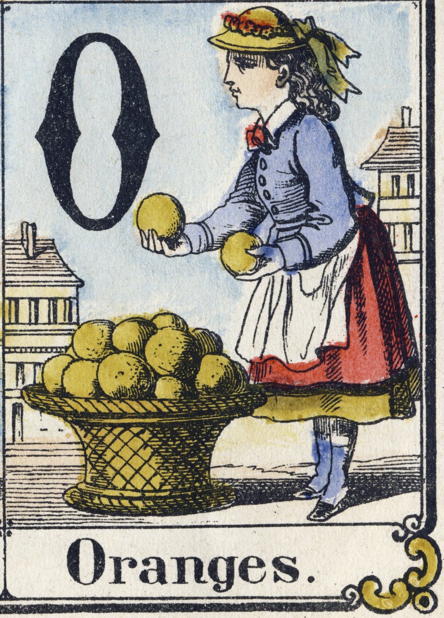 Bogstav O: Appelsiner. Rekreativt alfabet. Epinal billeddannelse. Stencilerede træstik, ca. 1880. Lille hæfte på 16 sider af French School