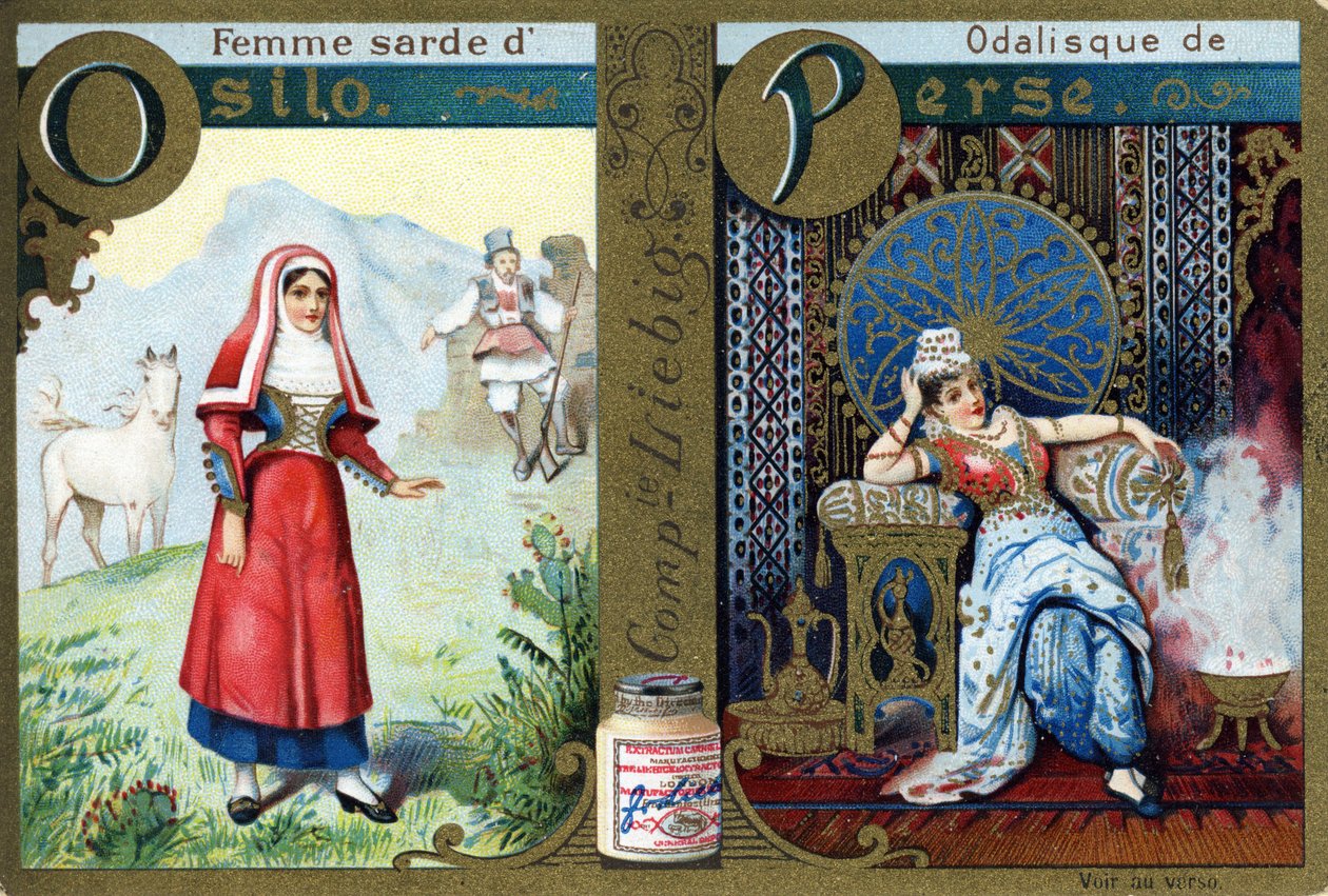 Bogstav O som sardinsk kvinde fra Osilo og P som Odalisk af Persien. Kvinders alfabet. Serie på 12 billeder. Liebig reklame af French School