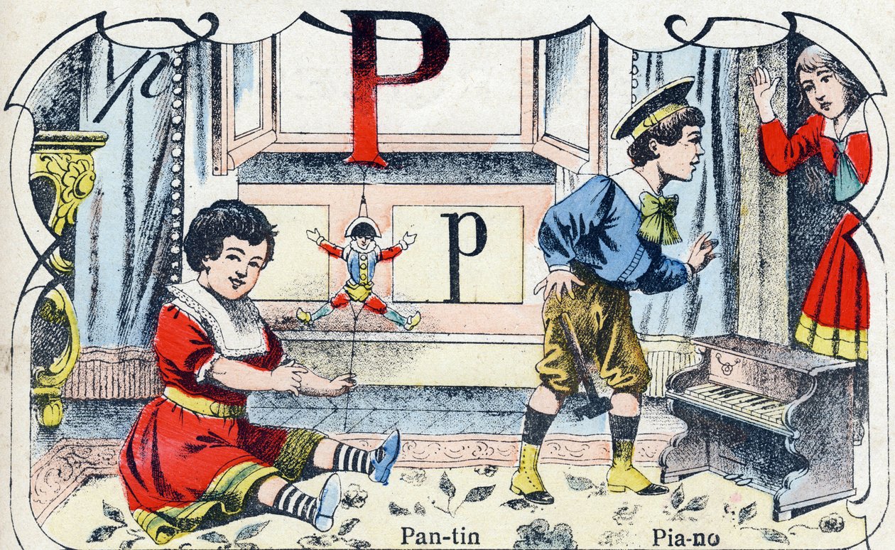 Bogstav P Pantin Klaver. Indgravering i "ABC des joux pour petits boys". Billeddannelse af Pont-a-Mousson, Louis Vagne, trykkeri-udgiver, slutningen af det 19. århundrede. Mål: 32,5x25 cm af French School