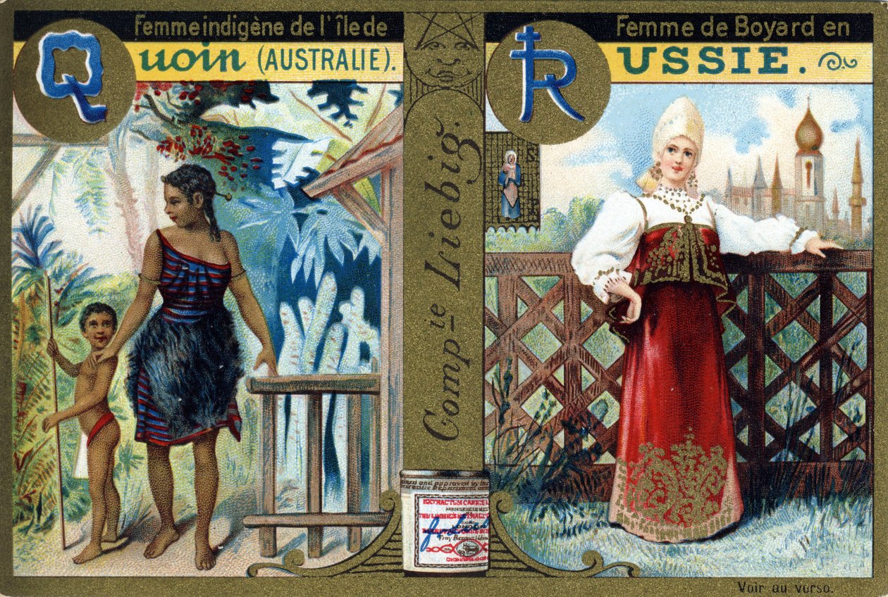 Bogstav Q som indfødt kvinde fra Quoin Island og R som Boyars kvinde i Rusland. Kvinders alfabet. Serie på 12 billeder. Liebig reklame af French School