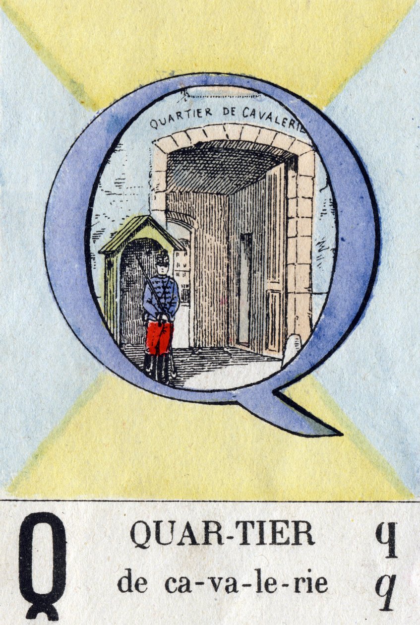 Bogstav Q som et kvarter. Militært alfabet. Billeddannelse af Epinal, omkring 1870-1880. Stencilfarvede træsnit af French School