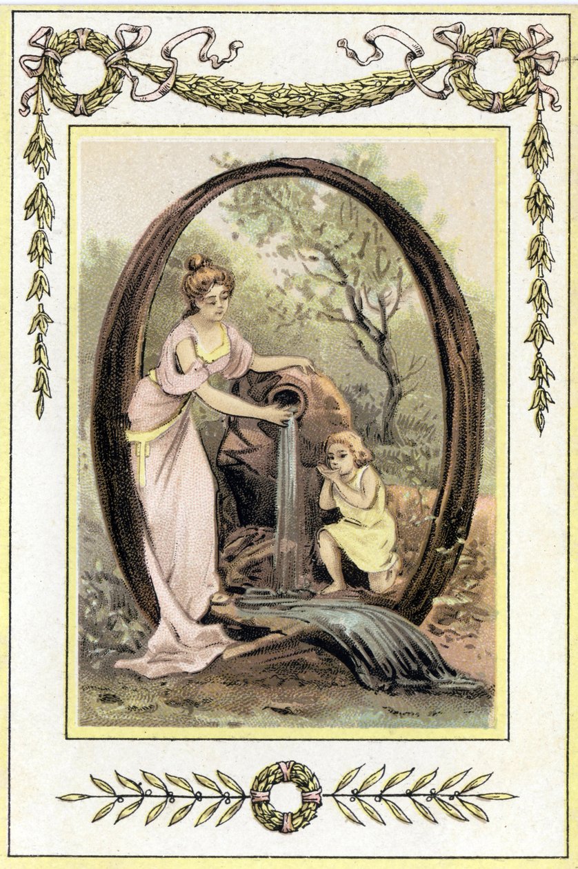 Bogstav Q repræsenterer en mor og hendes søn, der drikker vand fra foråret, slutningen af det 19. århundrede (kromolitografi) af French School