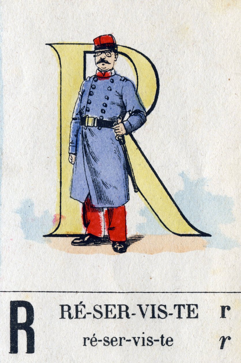 Bogstav R som reservist. Militært alfabet. Billeddannelse af Epinal, omkring 1870-1880. Stencilfarvede træsnit af French School