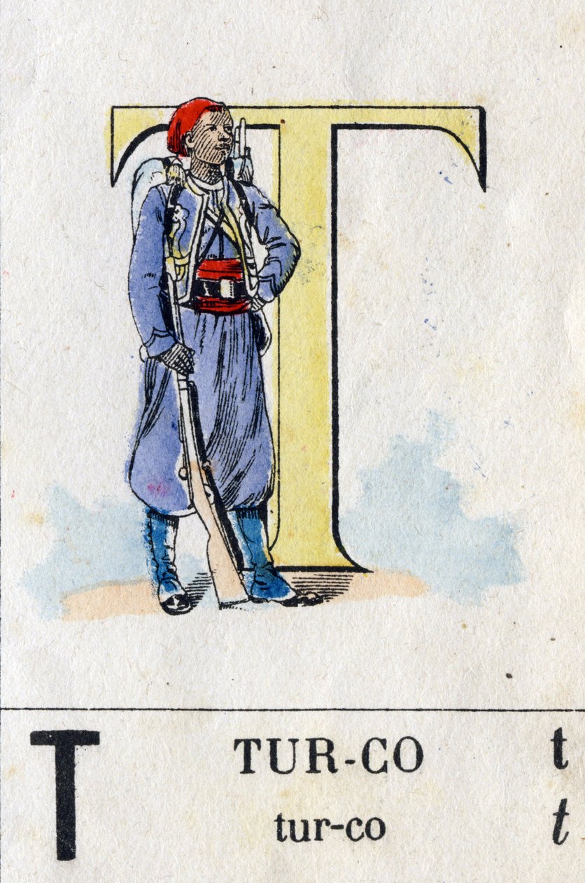 Bogstav T som turco. Militært alfabet. Billeddannelse af Epinal, omkring 1870-1880. Stencileret trægravering af French School