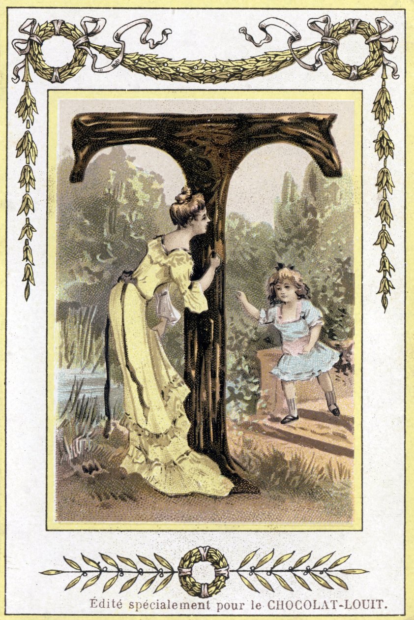 Bogstav T repræsenterer en mor og hendes datter, der leger gemmeleg, slutningen af det 19. århundrede (kromolitografi) af French School