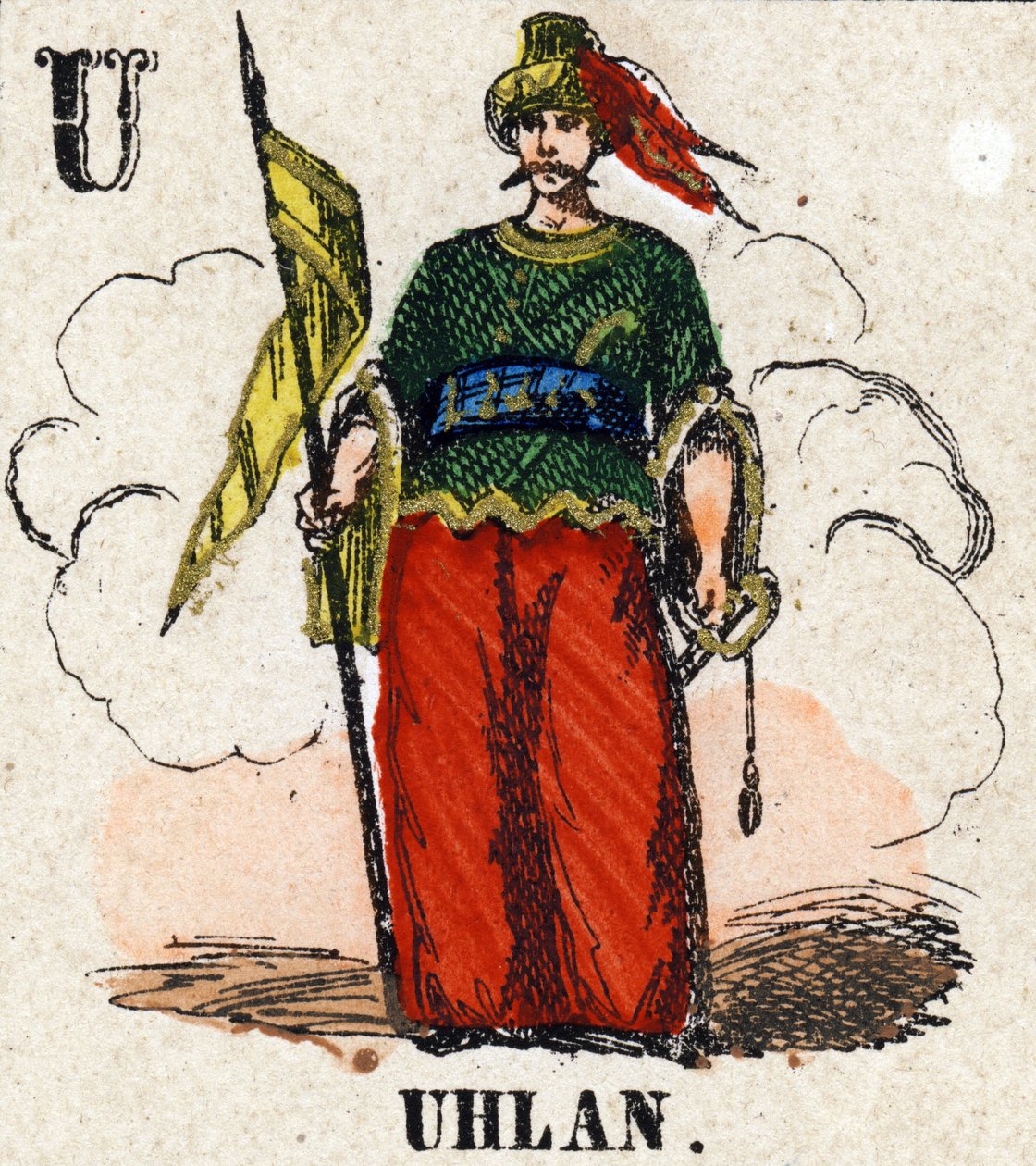 Bogstav U som Uhlan. Lille encyklopædisk alfabet. Billeddannelse af Epinal, ca. 1860. Træstik, stencileret med forgyldning. Mål: 37,8x50,3cm. Privat samling af French School