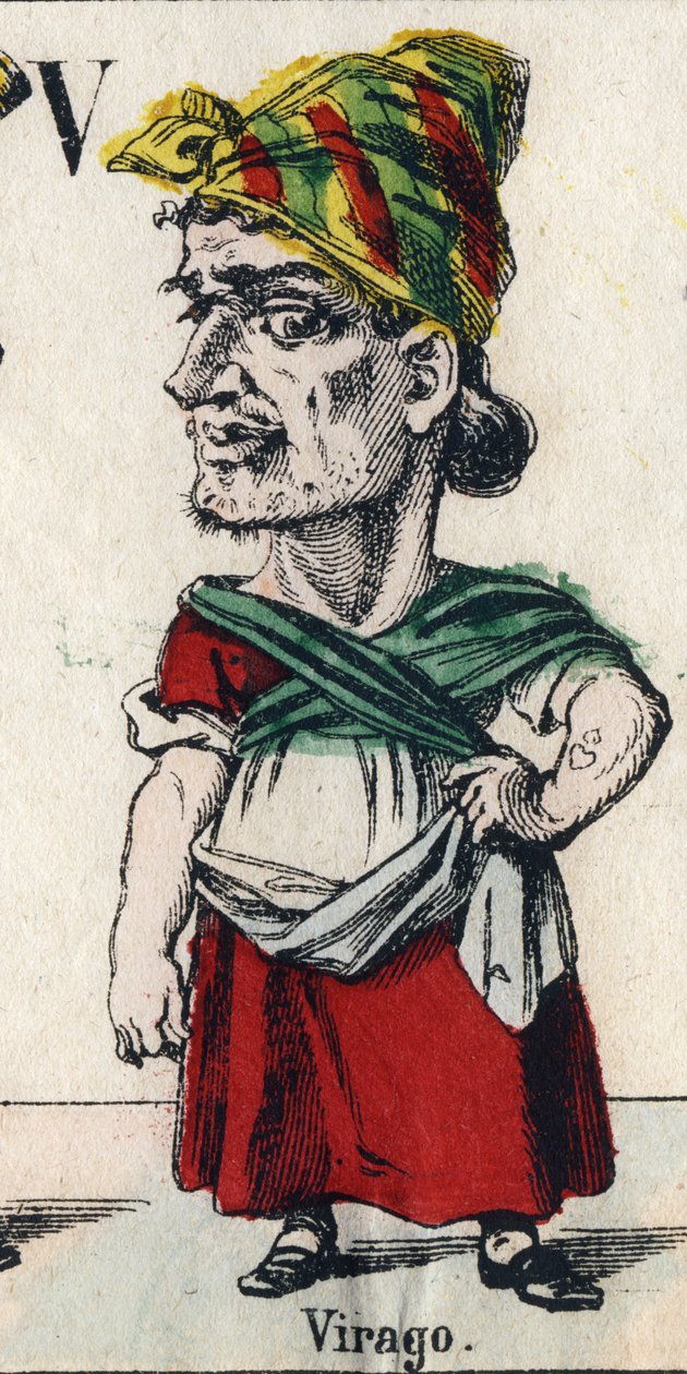 Bogstav V: Virago (ved denigrement, pige eller kvinde af stor størrelse, som har en mands manerer). Indgravering i "" Comic Alphabet "". Ny Epinal billedbehandling. Litografi Pinot et Sagaire, redaktører, mellem 1860 og 1888. Tavle nr. 491 med 25 lysende b af French School