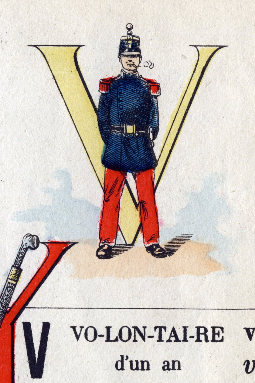 Bogstav V som frivillig. Militært alfabet. Billeddannelse af Epinal, omkring 1870-1880. Stencilfarvede træsnit af French School