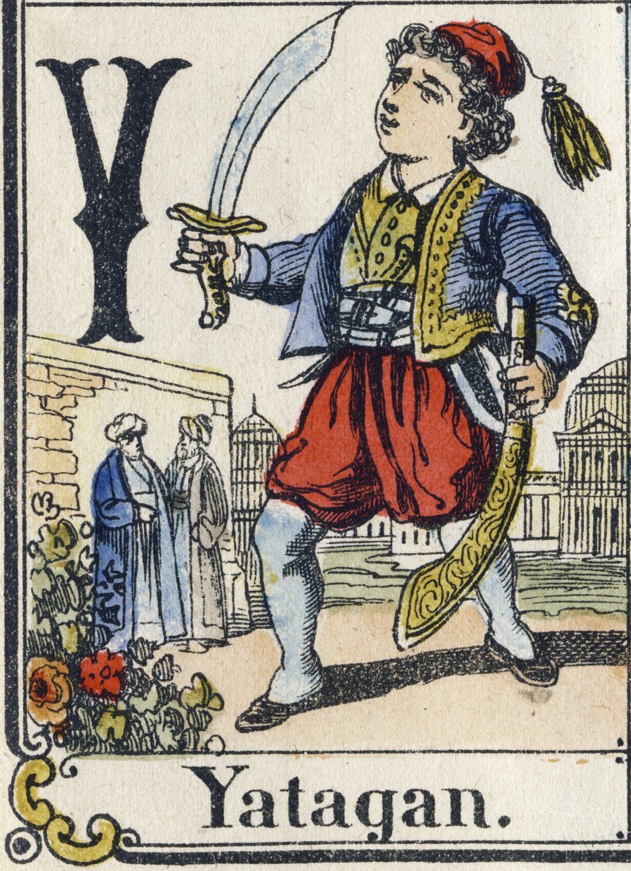 Bogstav Y: Yatagan. Rekreativt alfabet. Epinal billeddannelse. Stencilerede træstik, ca. 1880. Lille hæfte på 16 sider af French School