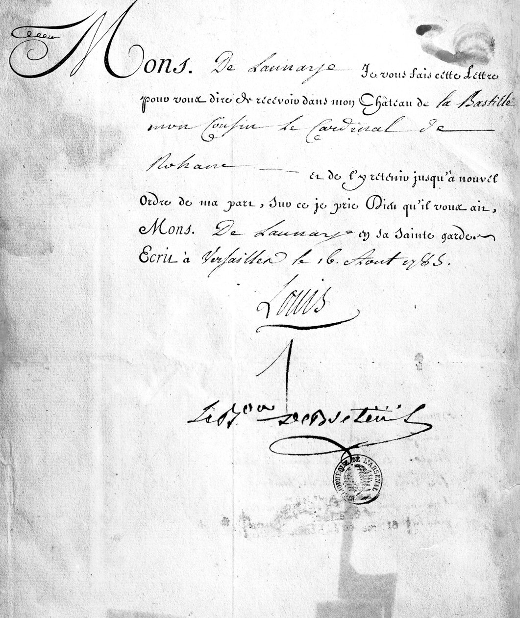 Brev fra Carhel, underskrevet af baron Louis de Breteuil, der beordrede fængsling af kardinal de Rohan i 