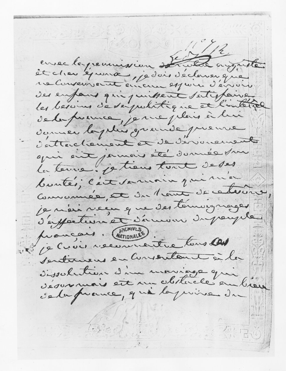 Brev fra kejserinde Josephine, der giver sit samtykke til annulleringen af hendes ægteskab med Napoleon af French School