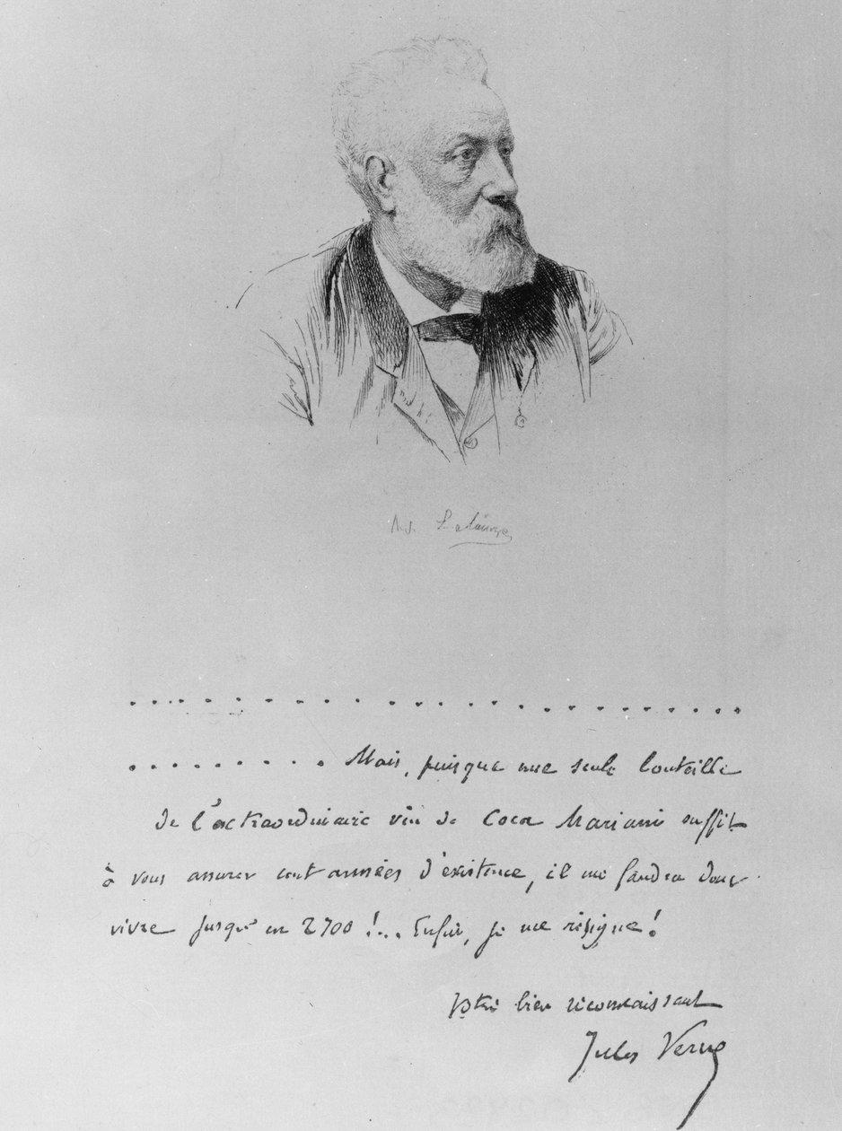 Brev fra Jules Verne med portræt af forfatteren (1828-1905). af French School