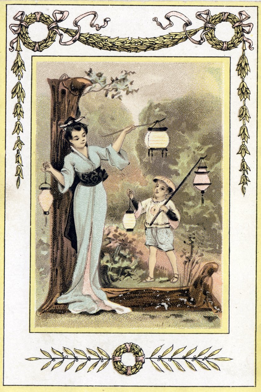 Brev, der repræsenterer en japansk mor og hendes søn med lanterner, slutningen af det 19. århundrede (kromolitografi) af French School
