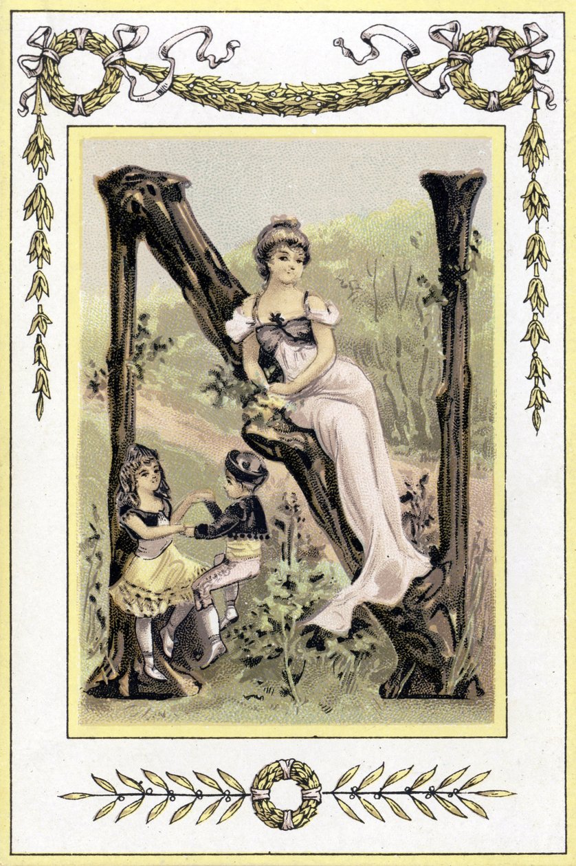 Brev, der repræsenterer en mor og hendes børn, der danser, slutningen af det 19. århundrede (kromolitografi) af French School