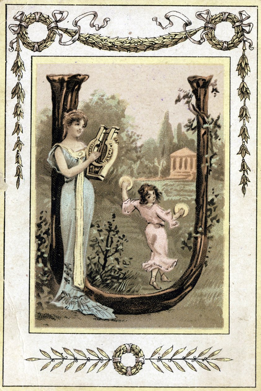 Brev, der repræsenterer en mor, der spiller lyre, og hendes datter danser med pauker, slutningen af det 19. århundrede (kromolitografi) af French School