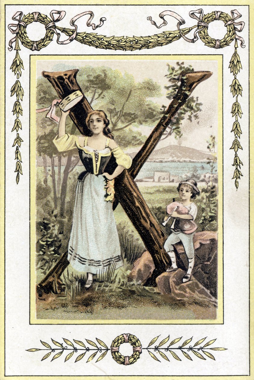 Brev, der repræsenterer en mor med en pauke og hendes søn i en hyrde med en sækkepibe, slutningen af det 19. århundrede (kromolitografi) af French School
